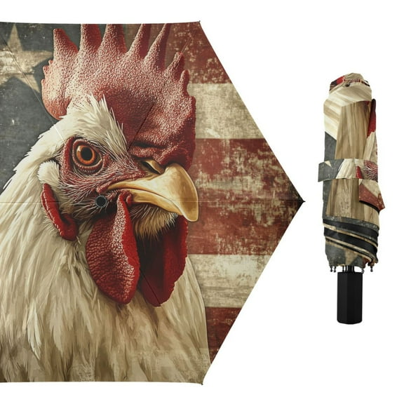 Vintage Chicken with American Flag Compact Sun Umbrella Windproof Travel Umbrellas for Rain Strong Portable UV Protection