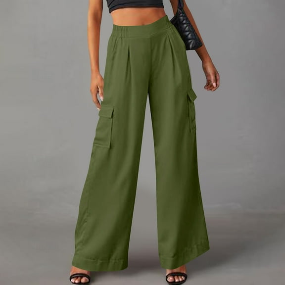 ClodeEU Women's Wide Leg Pocket Side Cargo Pants, Elastic Waisted Casual Pants with Pockets Army Green,Womens Plus S