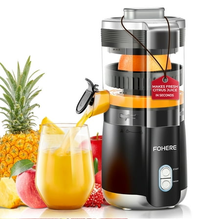 FOHERE Citrus Juicer Electric, Hand-Free Orange Juicer Machine with 2 Interchangeable Cones, Automatic Juice Squeezer for Orange, Lemon, Grape, Pomegranate, Cleaning Brush Included