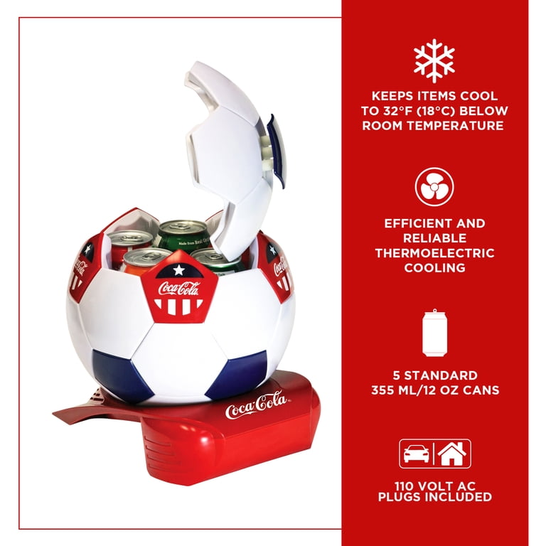 Coca-Cola Soccer Ball Mini Fridge, 5 Can Beverage Cooler White Red