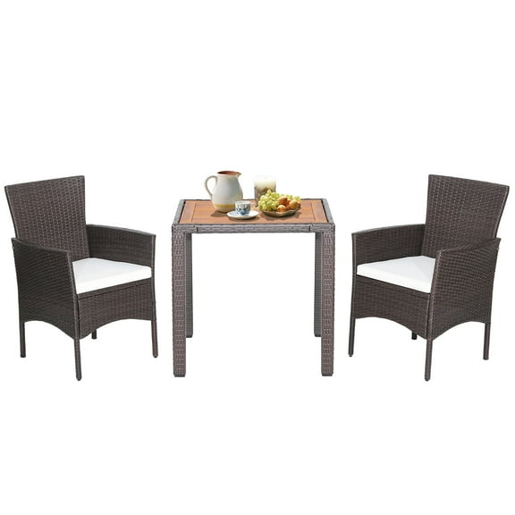 Gymax Set of 3 Wicker Dining Set Acacia Wood Table Top W/ Cushioned Chairs Patio Garden