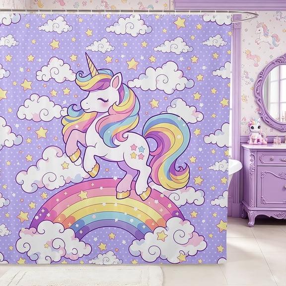 Manfei Cartoon Unicorn Rainbow Shower Curtain 72Wx72L,Cute Stars Polka Dots Bathroom Curtain