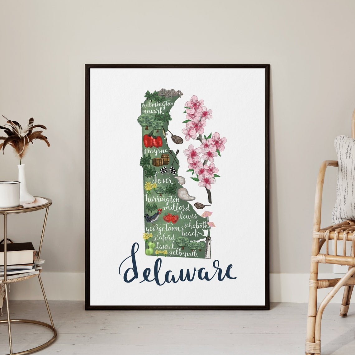 Delaware State Map Wall Drawing Of Home Rehoboth Wall Art Travel Inspired Home And Office Decor