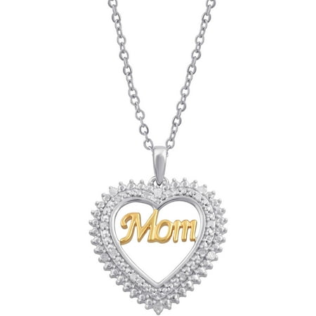 1/10 Carat T.W. Diamond Sterling Silver Two-Tone "Mom" Inside Heart Pendant, 18" Chain