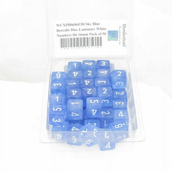 Sky Blue Borealis Dice Luminary with White Numbers D6 Aprox 16mm (5/8in) Pack of 50 Wondertrail