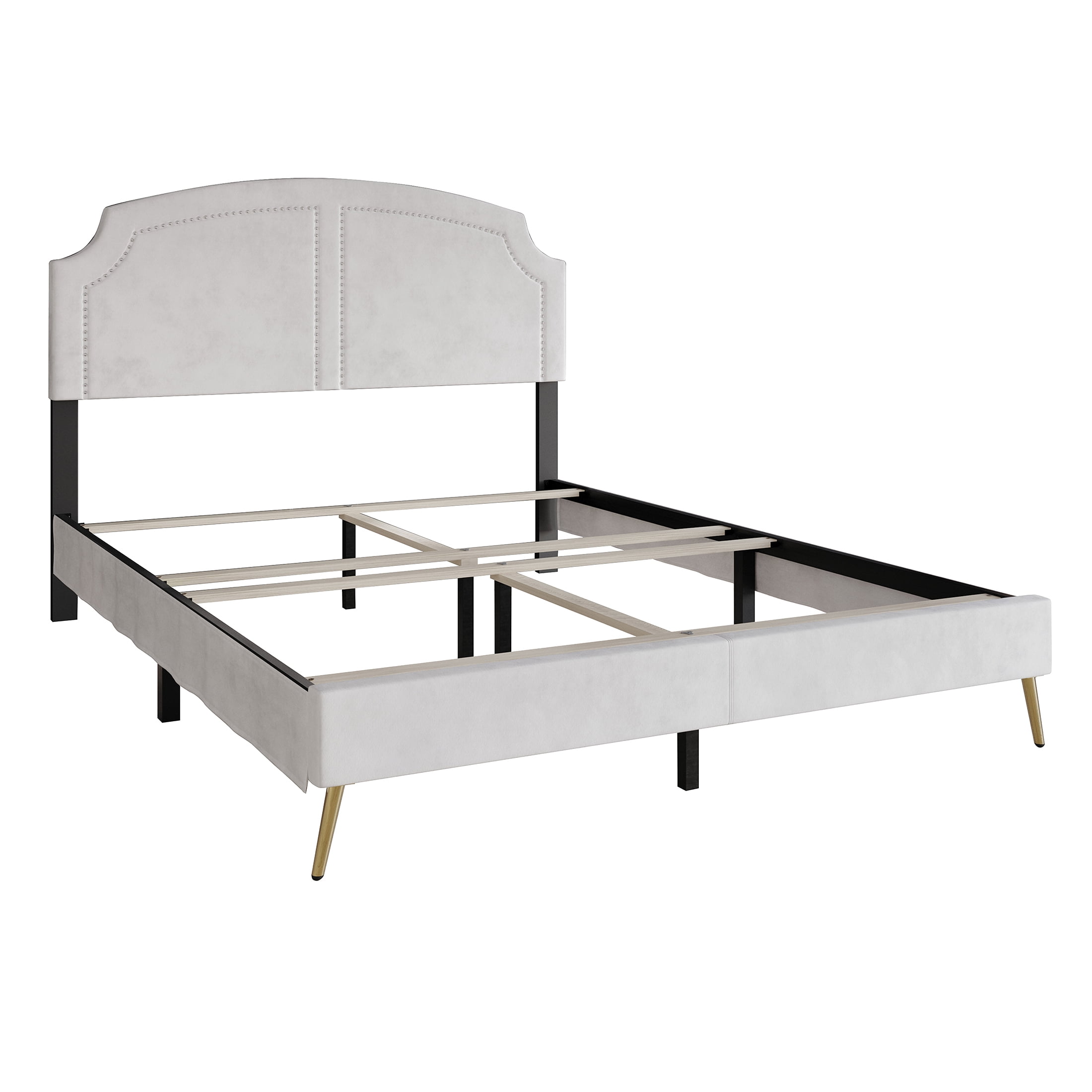 Castle Place Glam Upholstered Velvet Nailhead Trimmed Full Bed, White