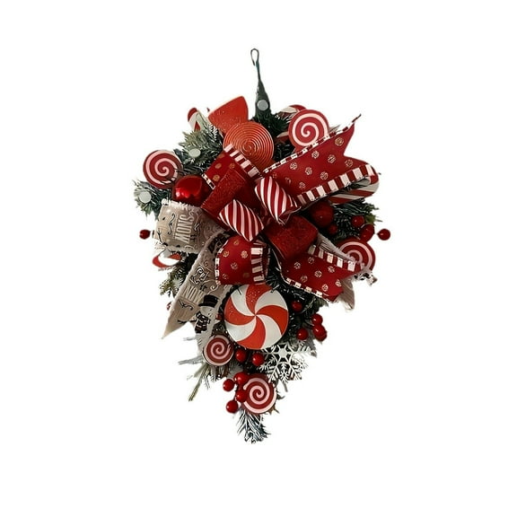 Red White Candy Christmas Wreath For Front Door Artificial Teardrop Holiday Wreath With Candy Ornaments, Ribbon Bows & Pine Greenery Indoor Outdoor Christmas Decorations For Home Stairway Wall Decor