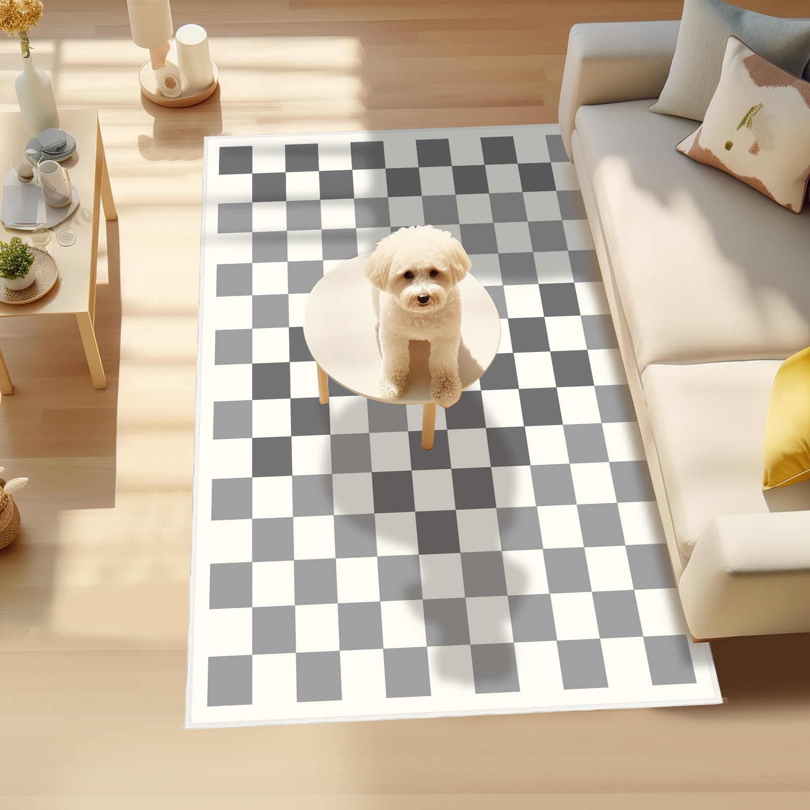 Area Rugs for Bedroom Living Room, 5' x 6.6' Ft Checkered Rug Retro Checkerboard Moroccan Rug Lightweight Outdoor Washable Carpet Rustic Decor for Living Room Bedroom Kitchen Patio(Black/Gray)