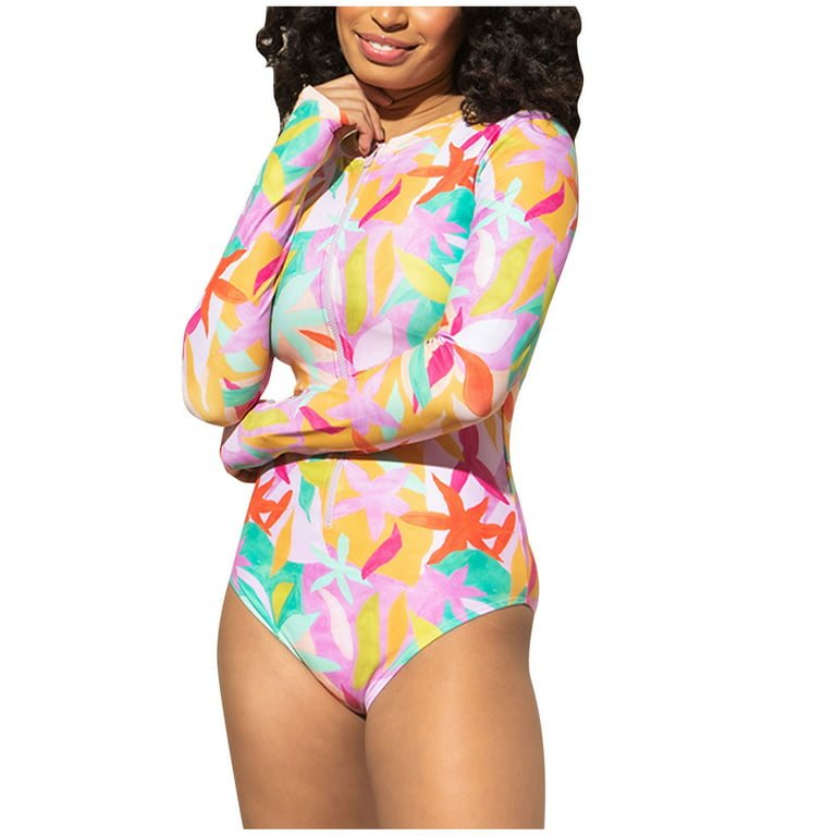 FAFWYP Womens Plus Size Long Sleeve One Piece Bathing Suit Hawaiian Print  Tummy Control Swimsuit Casual Monokini Beachwear Swimwear Set