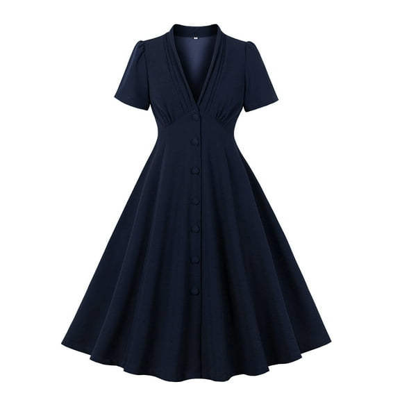 LFEOOST1950s Vintage Womens Dress Bowknot Audrey Hepburn Style Party Dresses Short Sleeve Button V Neck Cocktail Swing Dress