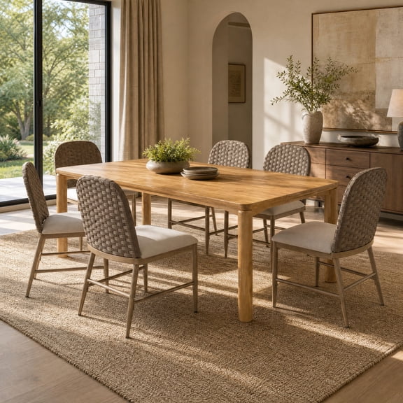 Christopher Knight Home 7-Piece Farmhouse Dining Table with Rattan Chairs Set, Natural Brown Beige