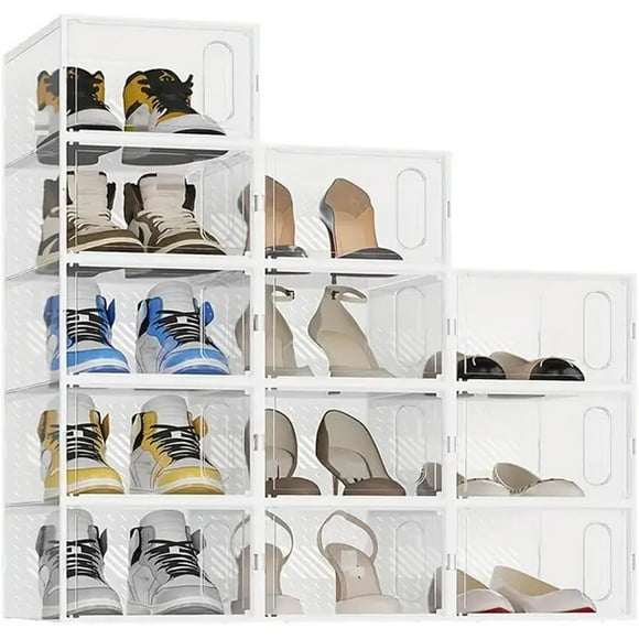 Livearty 12 Pack Piece Soft Shell Clear Shoe Storage Organizer with Magnetic Door, Stackable Boxes for Closet, Foldable Space-Saving Shoe Rack for Sneaker Boot Upto US Size 11 Container,