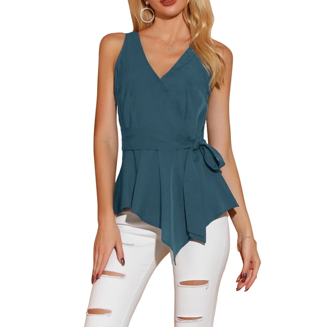 INSPIRE CHIC Haut d'Été Sans Manches à Encolure en V Portefeuille à Taille Nouée pour Femme TP Bleu Paon