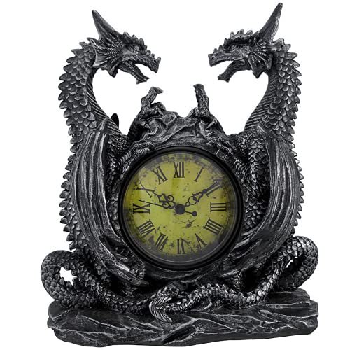 DWK Double Dragon Étagère Gothique Horloge Bureau et Étagère Horloges Dragon Décoration de la Maison Cheminée Décorative Figurines de Dragon Petite Horloge Vintage fo
