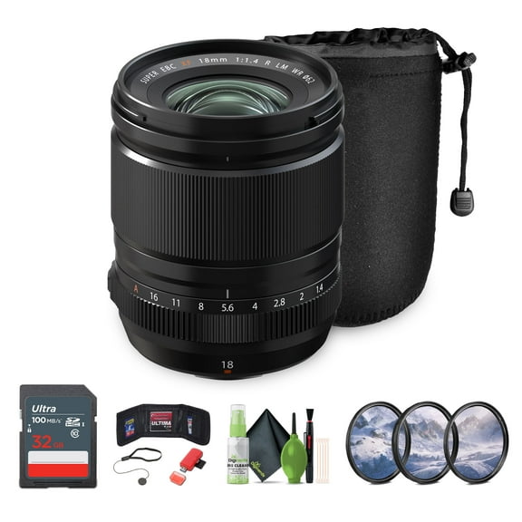 FUJIFILM XF 18mm f/1.4 R LM WR Lens Bundle With 32GB Memory Card   62mm 3 Piece High Resolution Filter Kit   Lens Cap Keeper   Memory Card Wallet   More