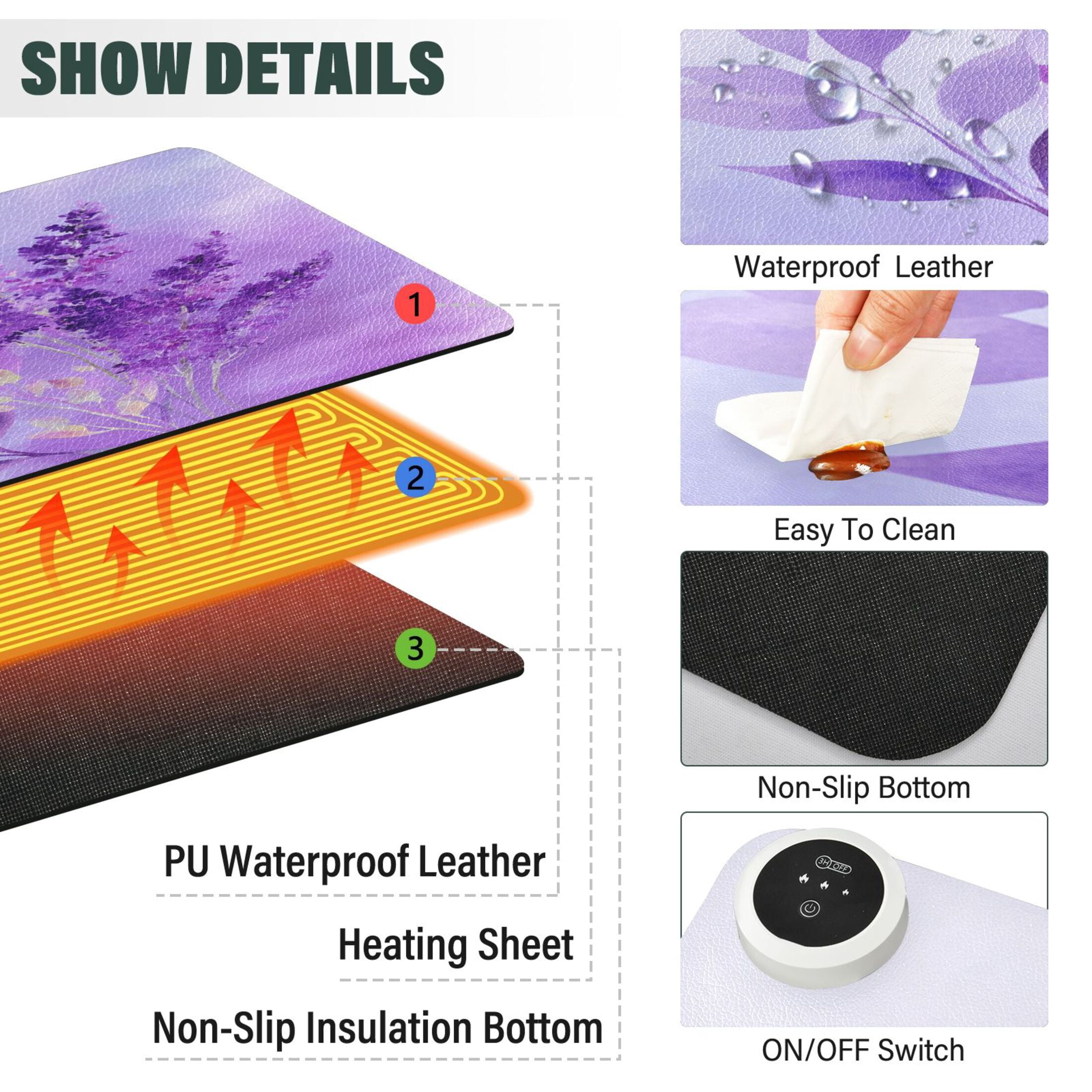 Large Heated Desk Mat Mouse Pad 31.5"x13"PU Leather Graphene Heating Desk Warmer with 3 Temperature Settings 110V US Plug Non-Slip Warm Pad for Home, Office, and Gaming Watercolor Lavender Clip Art