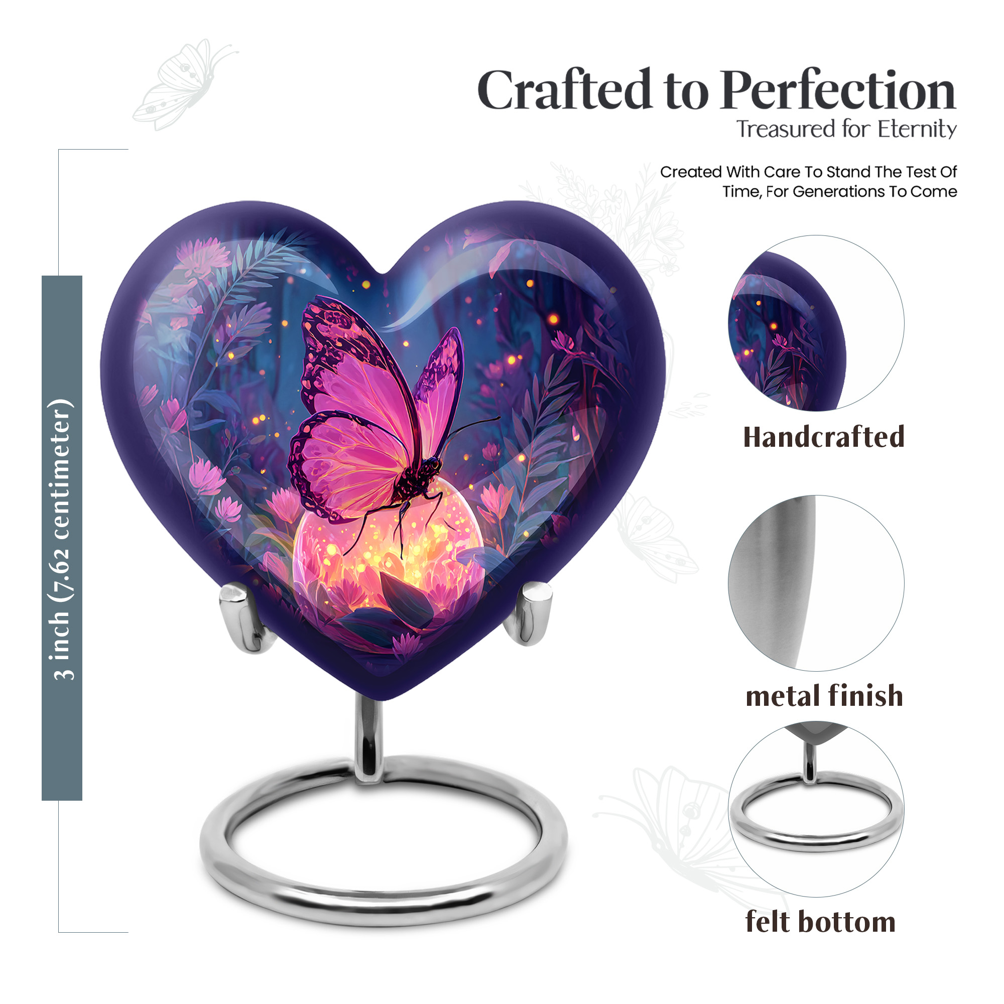 MUKTIVE Purple Butterfly Keepsake Heart Urn for Ashes for Men & Women, Purple Flower Cremation Urns for Human Ashes, Handcrafted Gift for Loss of Family, 3 Inch Small Blue Cremains Ash Holder