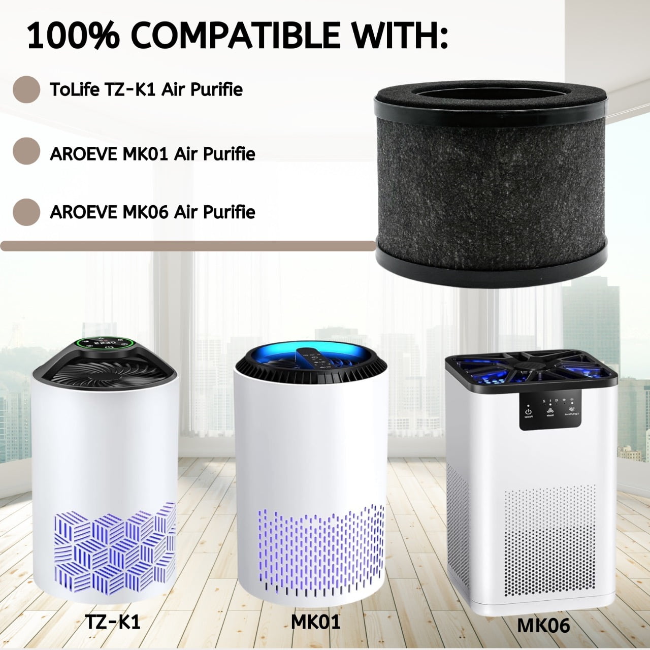 Nispira TZ-K1 3-in-1 True HEPA Activated Carbon Filter Replacement Compatible with ToLife TZ-K1 Air Purifier AROEVE MK01 MK06 Air Purifiers , 4 pack
