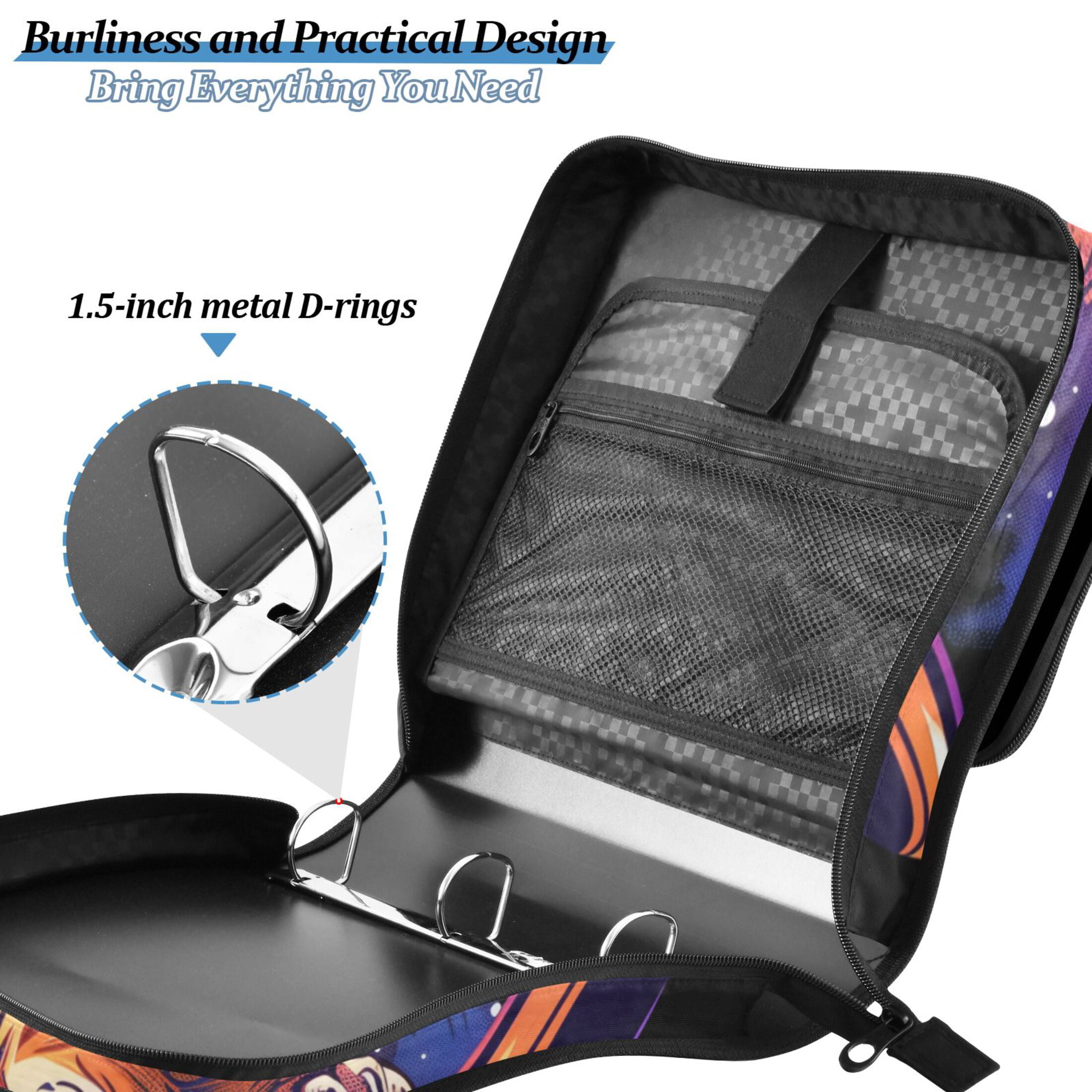 3 Ring Zipper Binder with Shoulder Strap Waterproof Trapper Keeper 1.5 Inch D-Ring 500 Sheets Capacity Cat with Glasses Skateboard