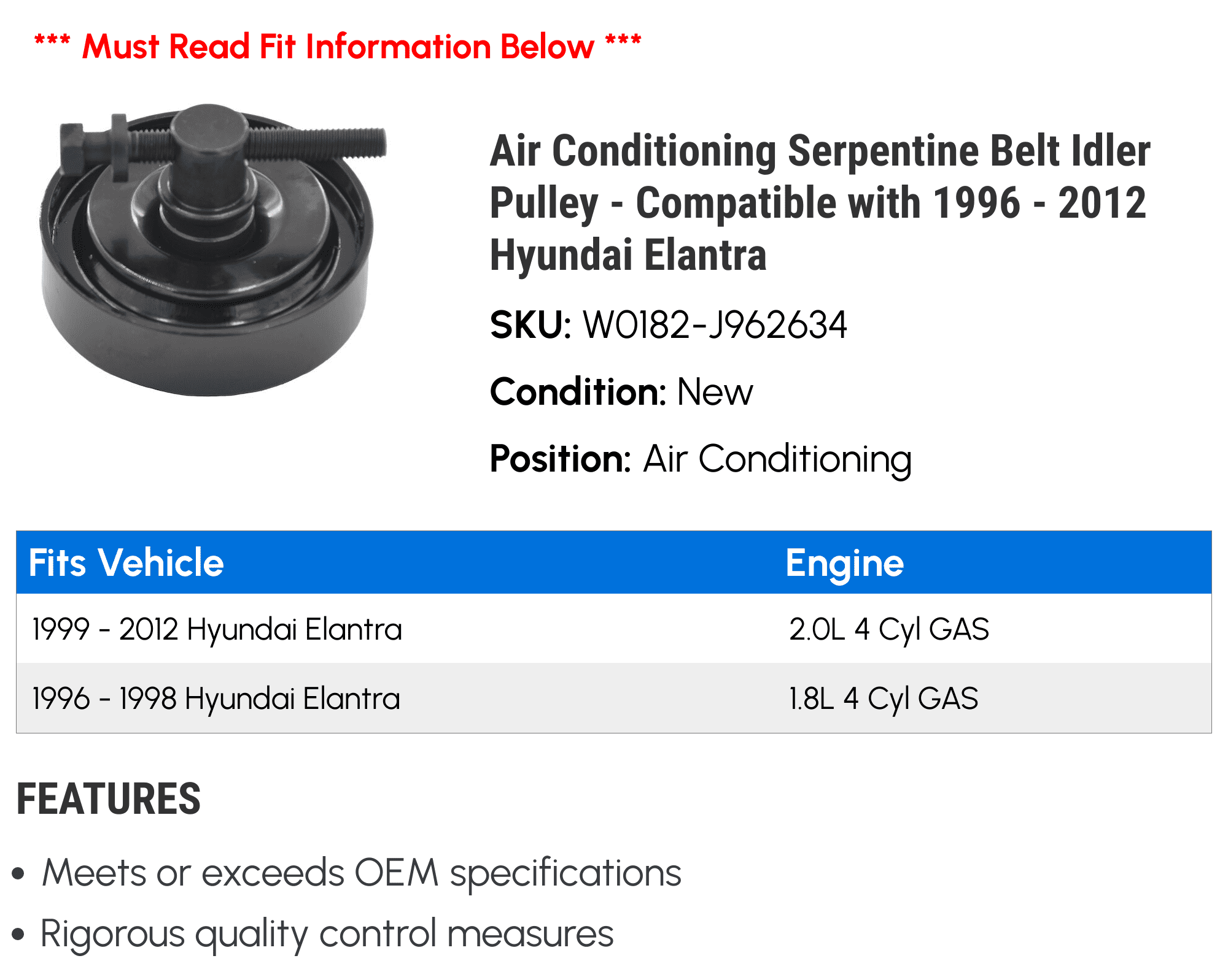 Air Conditioning Serpentine Belt Idler Pulley - Compatible with 1996 - 2012 Hyundai Elantra 1997 1998 1999 2000 2001 2002 2003 2004 2005 2006 2007 2008 2009 2010 2011
