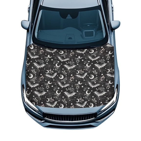 CHAQLIN Halloween Themed Car Hood Cover - Bat, Crescent Moon & Spider Web Print - Waterproof Sunproof Auto Exterior Decoration for Trucks, SUVs & Sedans