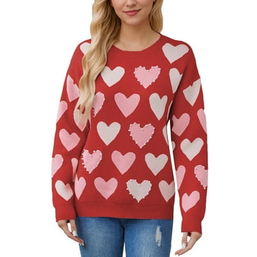 HCURIBAD Clearance! Sweaters for Women, Valentine Heart Sweater for Women Cute Kawaii Casual Crewneck Long Sleeve Knitted Pullover Sweaters Red S