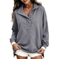 thumbnail image 5 of Womens Oversized Mock Neck Sweatshirts Quilted Placket Button Collar Sweatshirt Casual Long Sleeve Tops Pullover Tops Henley Y2k Collar Comfort Soft Sweaters,Gray,L, 5 of 6