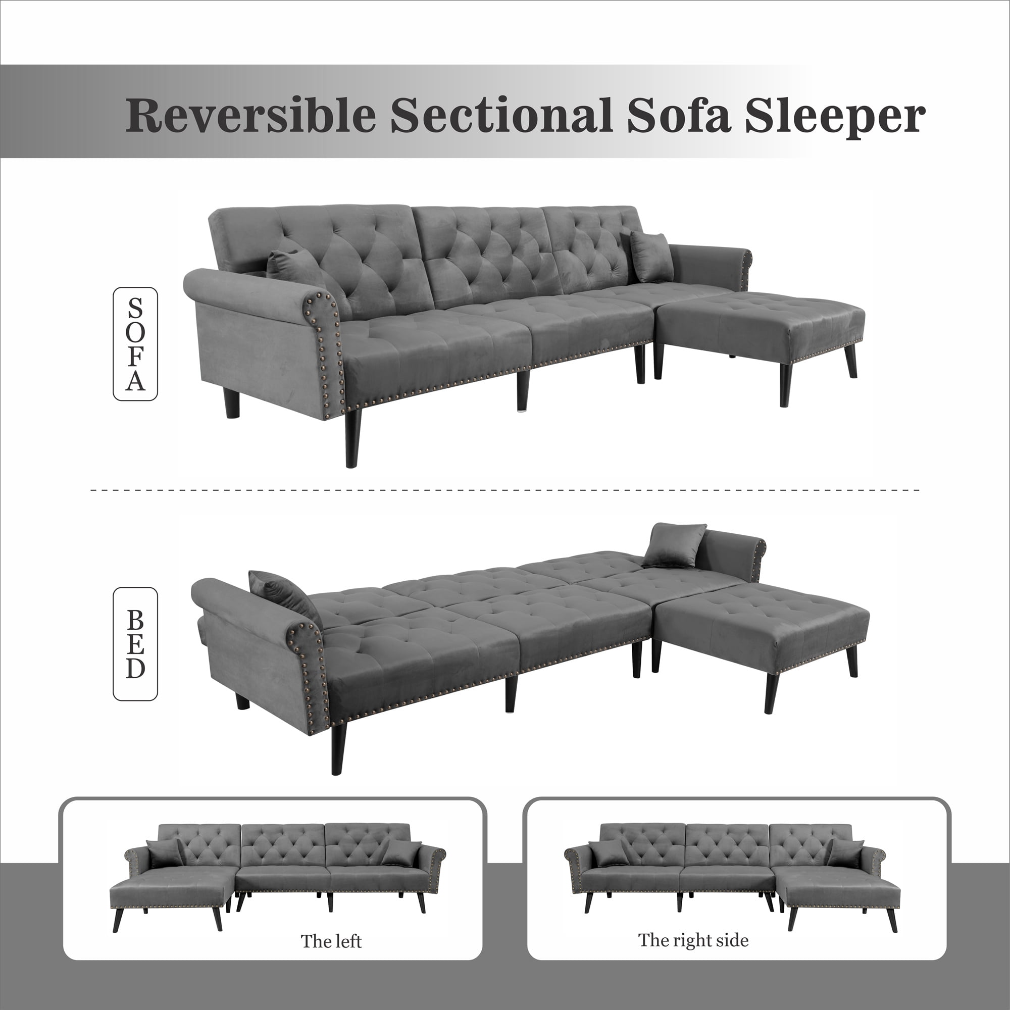Aukfa 115" Velvet Sectional Sleeper Sofa for Living Room, Convertible Sofa Bed Queen, Dark Gray