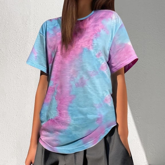 QHWAUAKFBN T Shirts For Women Loose Fit Tie Dye Shirt Short Sleeve Round Neck Tees Summer Tshirts Top