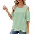 thumbnail image 2 of Fesfesfes T Shirts for Women Women Spring And Summer Off The Shoulder Round Neck Lace Patchwork 3/4 Sleeve Loose Tops Loose Fitting Tops for Women 2XL(US:12), 2 of 9