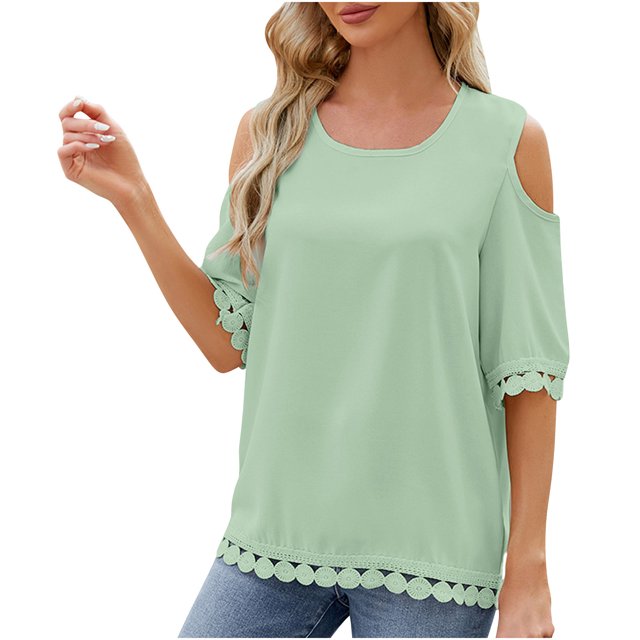 Jgppe Womens Cold Shoulder Tops Comfy Solid Color Crewneck Loose Tunic Shirt Summer Blouses for Ladies
