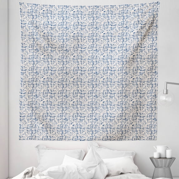 Ethnic Tapestry, Watercolor Style Hand Drawn Grid Pattern Hippie Folk Batik Design, Fabric Wall Hanging Decor for Bedroom Living Room Dorm, 5 Sizes, Navy Blue and Beige, by Ambesonne