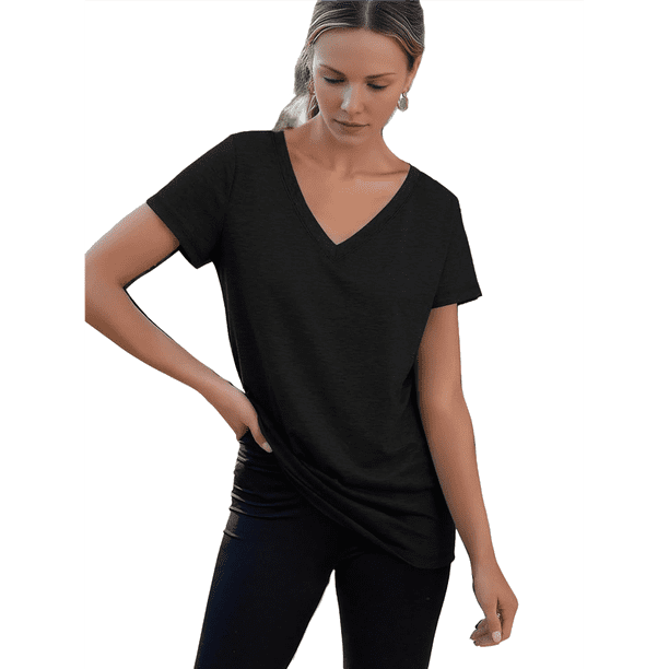 Camiseta Informal con Cuello en V para Mujer, Color Negro, Talla L