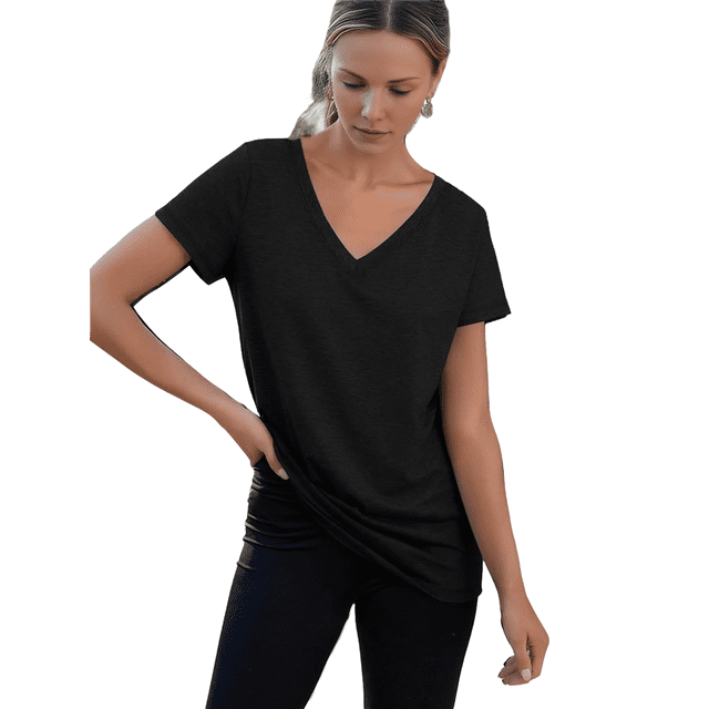 Camiseta Informal con Cuello en V para Mujer, Color Negro, Talla L