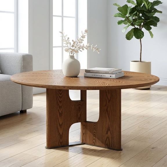 Rustic Ash Wood Veneer Round Coffee Table for Small Living Room