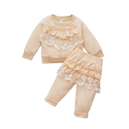 

IZhansean Infant Baby Girl Clothes Flower Lace Ruffle Long Sleeve Sweatshirt+Long Pants Autumn 2Pcs Outfits Beige 18-24 Months