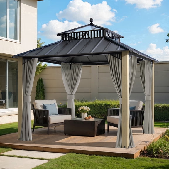 SUNJOY Kingston 10x10 Gazebo|Steel & PC Roof Hardtop Gazebo with Curtain and Netting - Cedar Posts