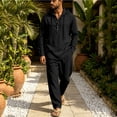 thumbnail image 2 of Delconic Mens Linen Blend Two Piece Set Hooded Half Placket Long Sleeve Shirt and Straight Leg Pants Casual Vacation Outfit Black L, 2 of 8