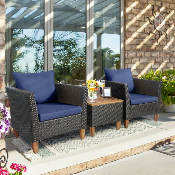 Gymax 3PCS Patio Furniture Set Conversation Bistro Set w/ Acacia Wood & Cushions Navy