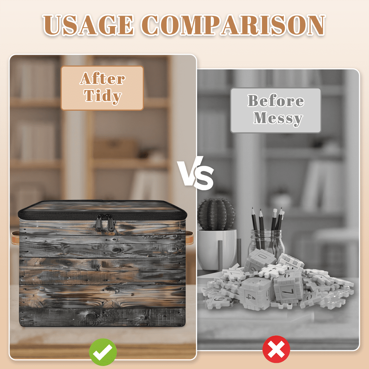 CURLYOOT Vintage Wood Texture Fabric Storage Bins with Lids, Foldable Storage Boxes Washable Storage Cube, Closet Bedroom Home Organizer Containers with PU Leather Handles