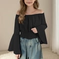 thumbnail image 5 of Miluxas Girl off Shoulder Ruched Tie Back Crop Top Summer Lantern Sleeve Boho Shirt Blouse Black 11 Years, 5 of 5