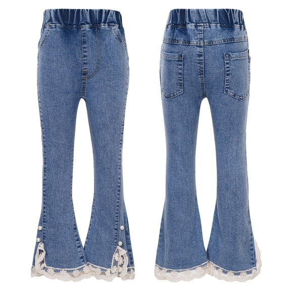 renvena Kids Girls Flared Jeans High Waist Lace Bell Bottom Denim Pants Summer Casual Trousers 5-13 A Blue 12-13