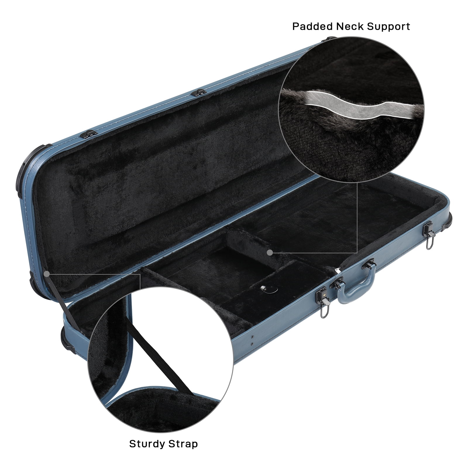 Electric Guitar Square Hard Case Blue PU Leather Covered Wood Protective Sleeve Plush Lined Interior fits ST TL Burning Fire 170Style Lockable Chrome Latches Large Accessory Storage