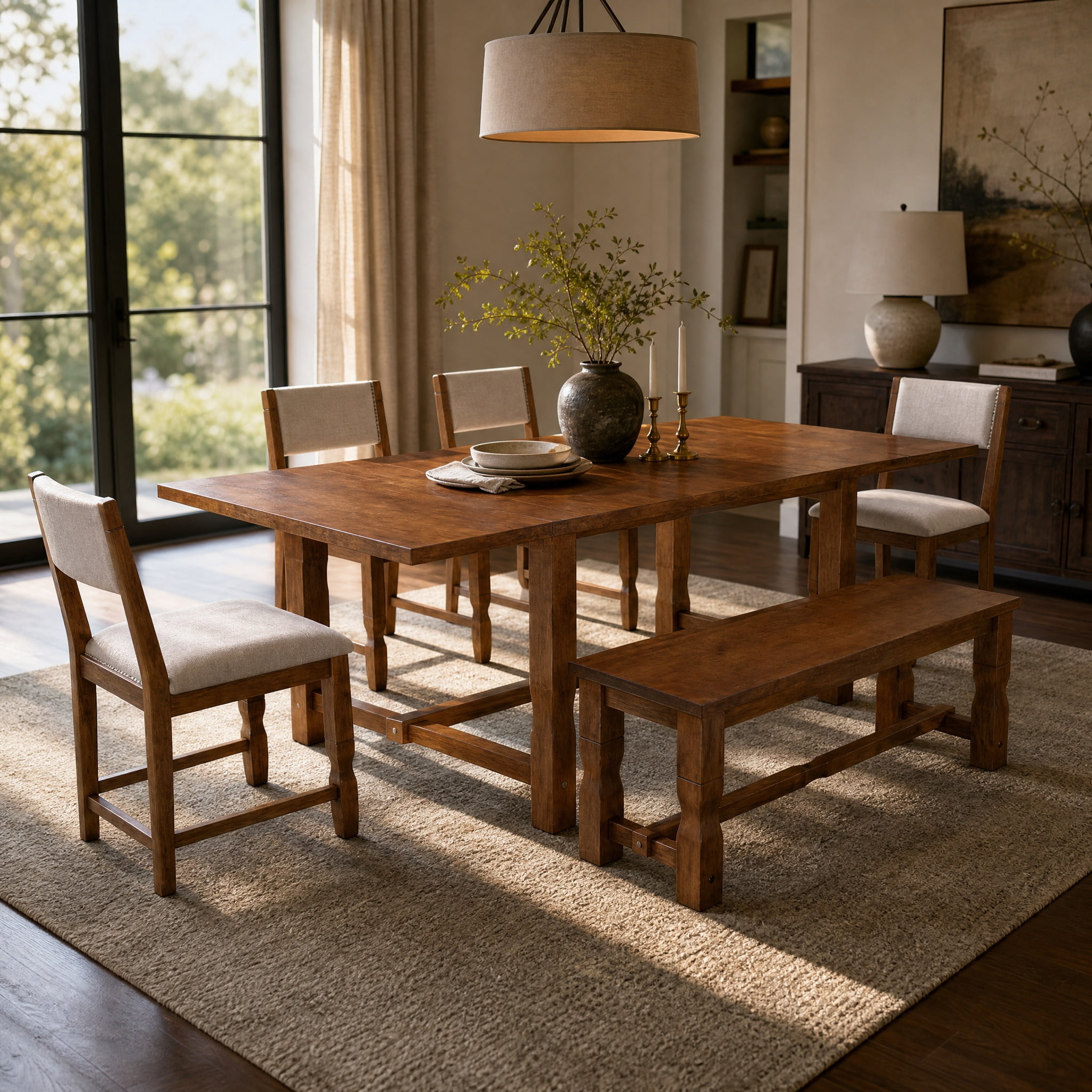 Mintazer 6 Piece Extendable Dining Table Set with 4 Upholstered Dining Chairs & Bench, 84 Inch Rectangular Farmhouse Dinner Table with 2 Removable Leaves for Kitchen Dining Room Apartment, Brown