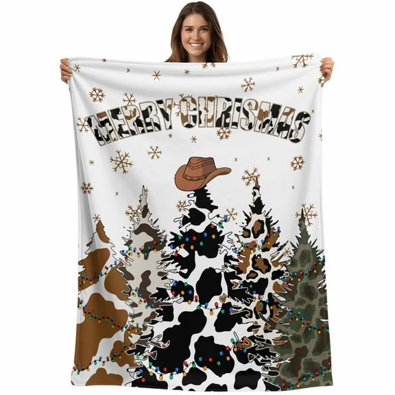 Western Christmas Throw Blankets, Cow Texture Christmas Tree Soft Fleece Blanket Decorative for Home Sofa Couch Chair Living Bedroom, 30x40 Inches, Black White Brown