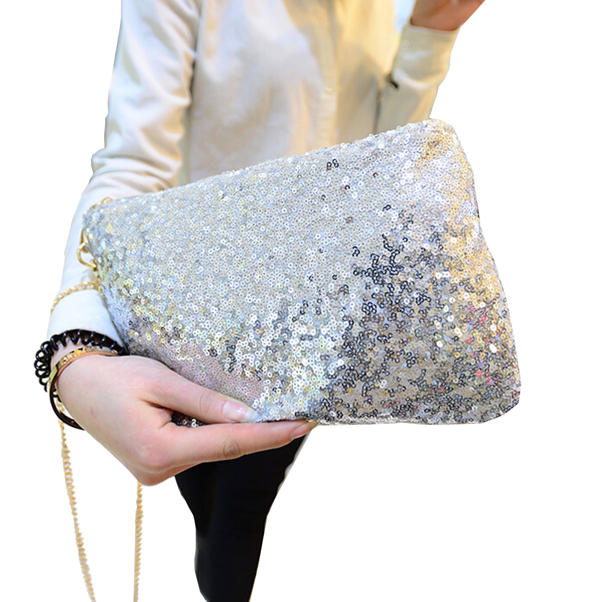 Fashion Sparkly Sequin Clutch Bag Handbag Lady Party Evening Clutch Bag Purse Wallet for Women Shiny Green and Black 