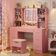 thumbnail image 6 of 47" Large Vanity Desk with LED Lighted Mirror & Power Outlet & 7 Drawers, Makeup Vanity Table Set with Storage Stool and Hair Dryer Rack, Pink, 6 of 14