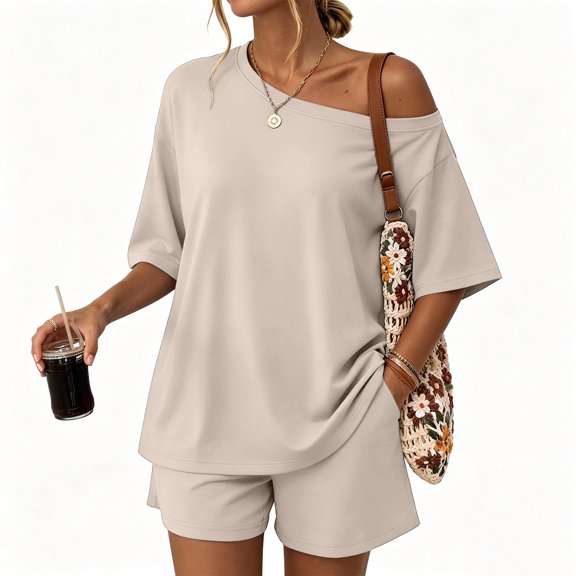 Dresfit Women's Shorts Sets Crew Neck Short Sleeve Off Shoulder Tops & Mini Shorts 2 Piece Outfits Summer 2026 Oversized Lightweight Sweatsuits M