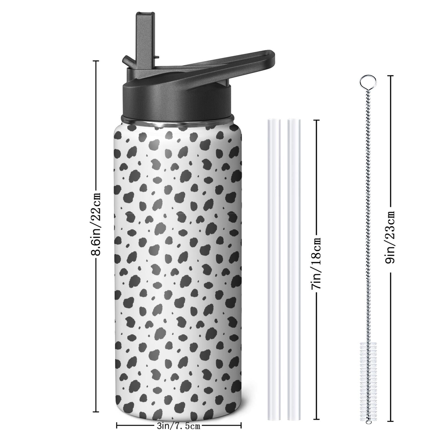 Leopard Print Insulated Stainless Steel Water Bottle with Straw & Cleaning Brush – 18 Oz | Leakproof, BPA-Free, 304 Stainless Steel, Wide Mouth, Travel Mug for Car, Gym, Office