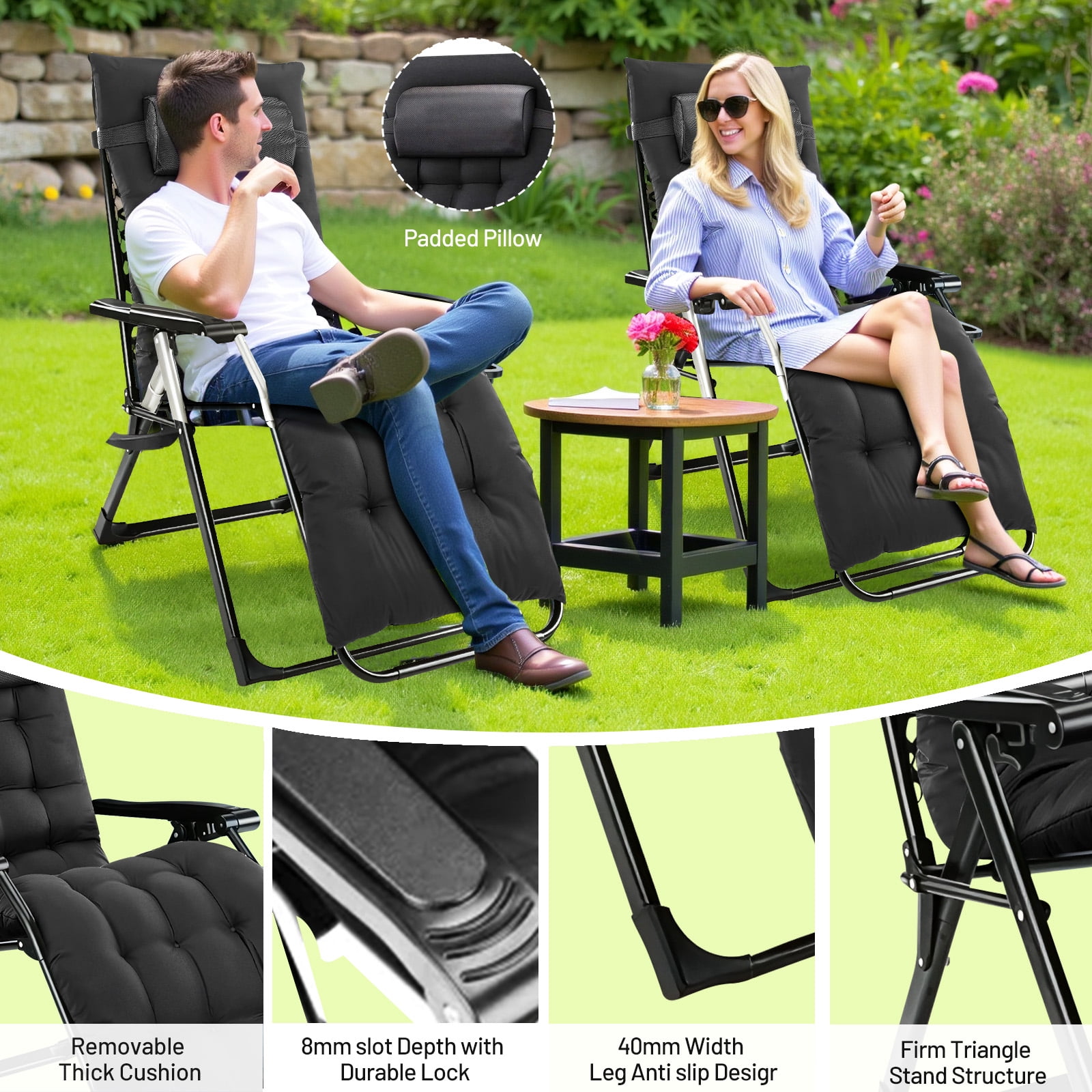 Simenmax Zero Gravity Chair, Heavy-Duty Reclining Lounge Chair with Padded Cushion & Cup Holder, Foldable Patio Recliner for Camping, Beach, and Indoor Relaxation,Black